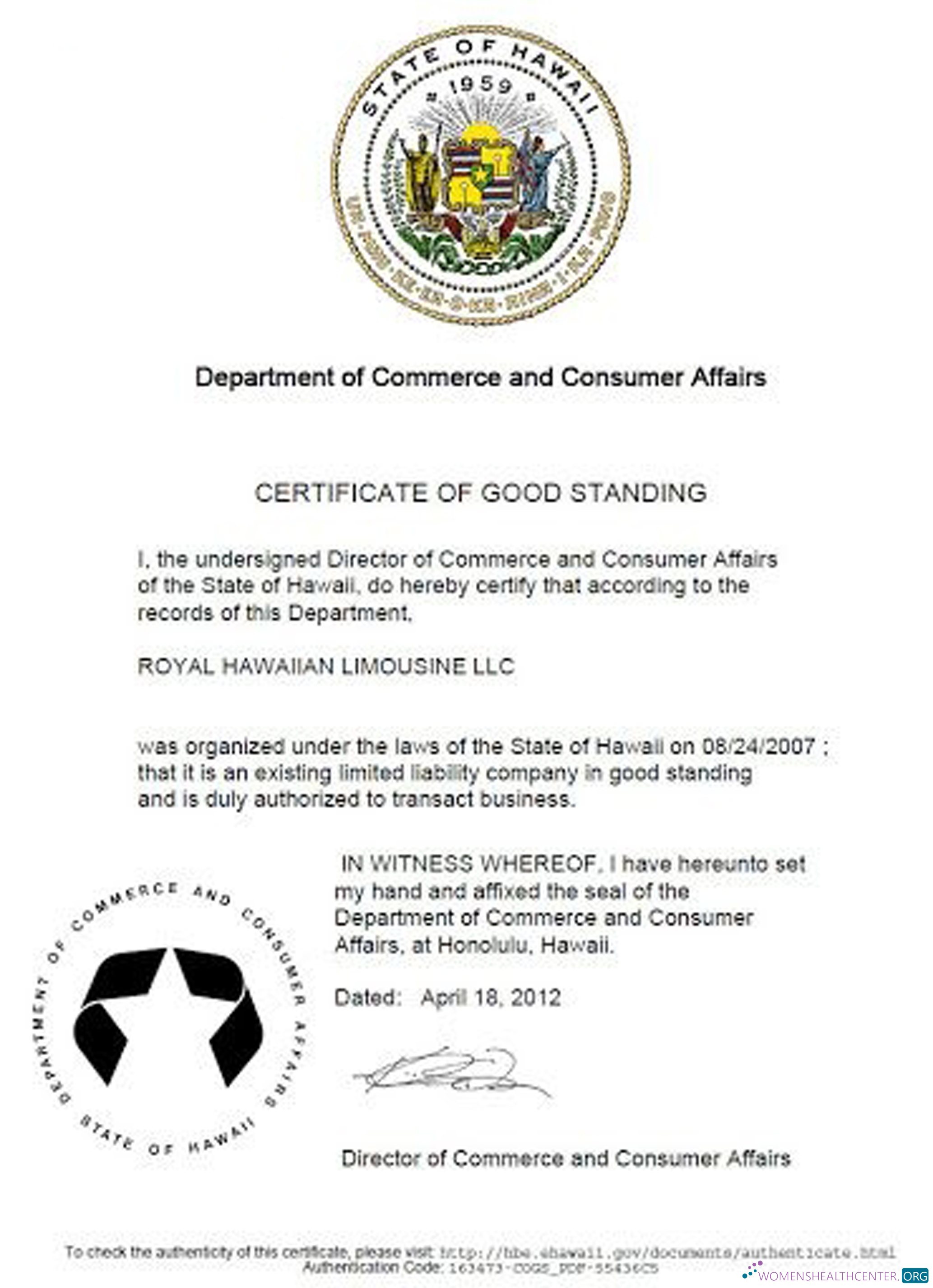 Download USA Hawaii certificate of good standing Photoshop template